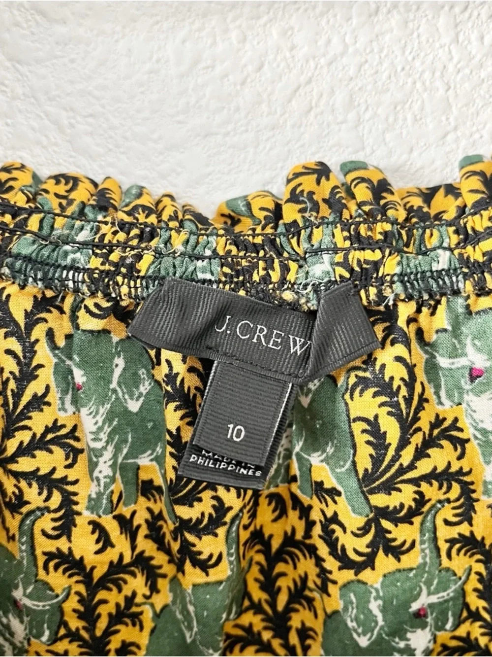 J.Crew Ratti Elephant Print Boho Peasant Blouse Green Gold Off Shoulder Top